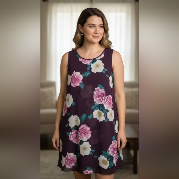 Jessica Howard Floral Midi Dress Purple With White And Pink Flowers Women's 14P - Picture 1 of 11